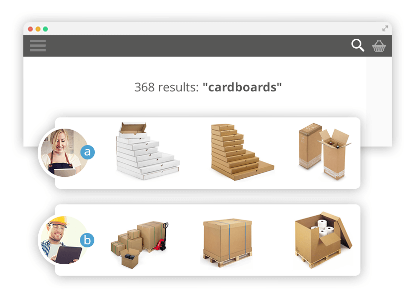 B2B_Perso Purchasers often have differing expectations of one and the same search query. Personalised results help you to ensure that customers find the right products as quickly as possible.