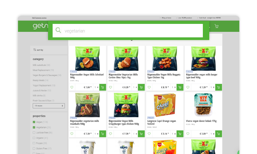 Getnow shoppers can easily search and find their online grocey preferences, e.g., vegan or vegetarian, through FACT-Finder's site search.