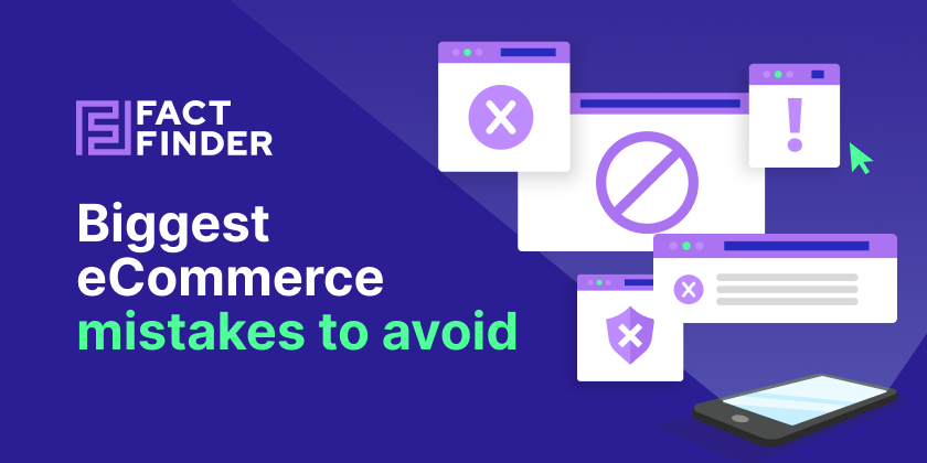 A banner with the words "Biggest eCommerce mistakes" and a smartphone showing no-results pages and error signs