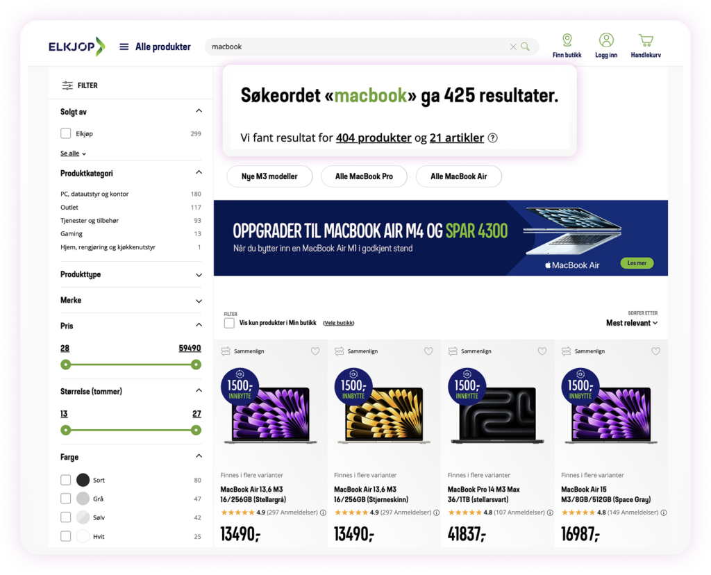 Elkjop's online shop narrows down search results with AI guided selling - a search for macbook returns simple multi-choice questions helping the customer find the item they are looking for faster