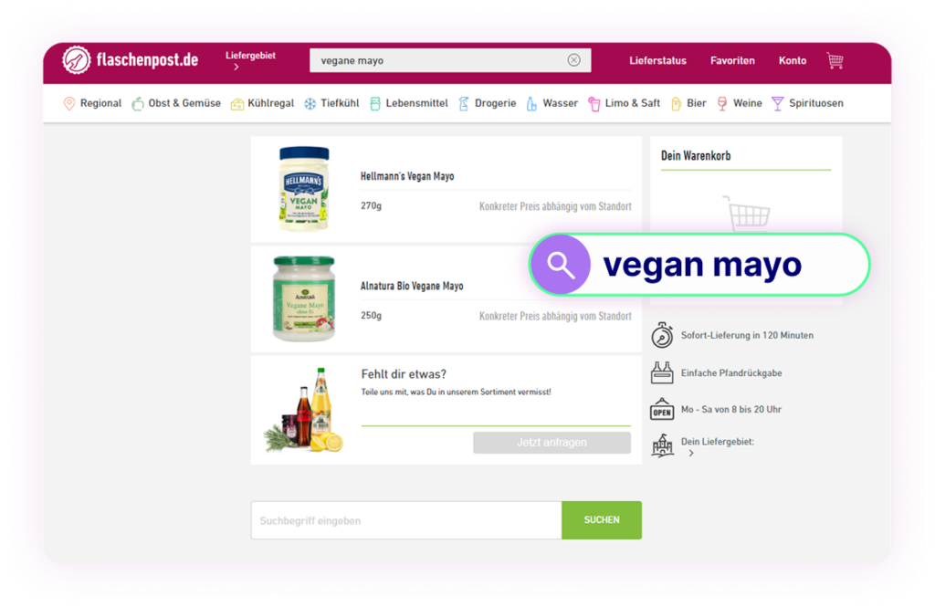 Flaschenpost's ranking rules ensure that when people search for vegan mayo, they get the most relevant products ranking first