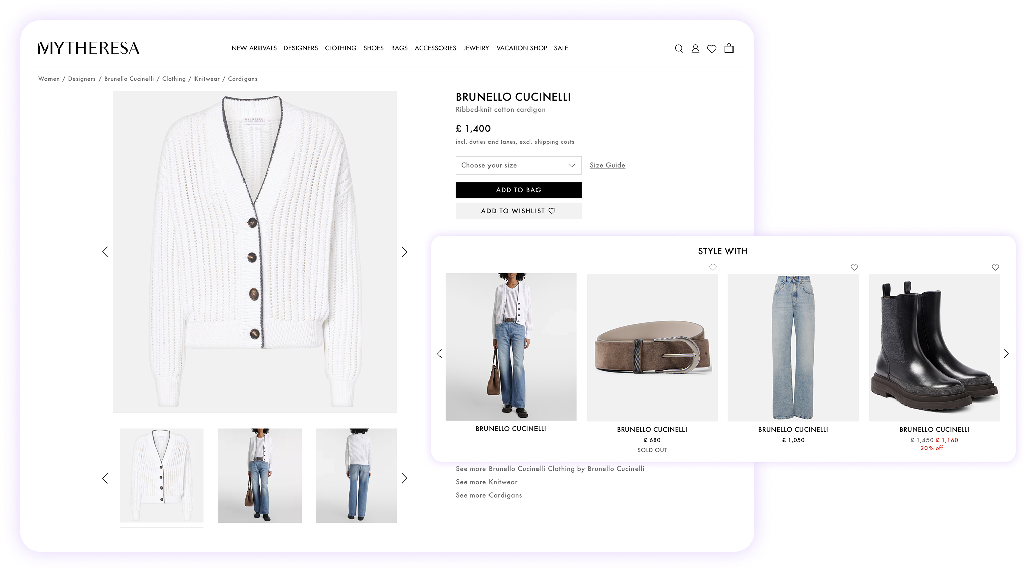 Mytheresa offers relevant, personalized product recommendations alongside a luxury cardigan, showcasing pieces that complete the look, including boots, a belt, jeans and a bag. These visually engaging suggestions feel curated and personal, helping customers imagine the full outfit and inspiring them to build a complete wardrobe, rather than stopping at a single item.