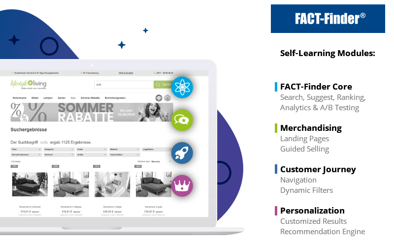 Lifestyle4Living, an online furniture shop, uses FACT-Finder's self-learning modules. These include: search, merchandising, navigation and personalization.