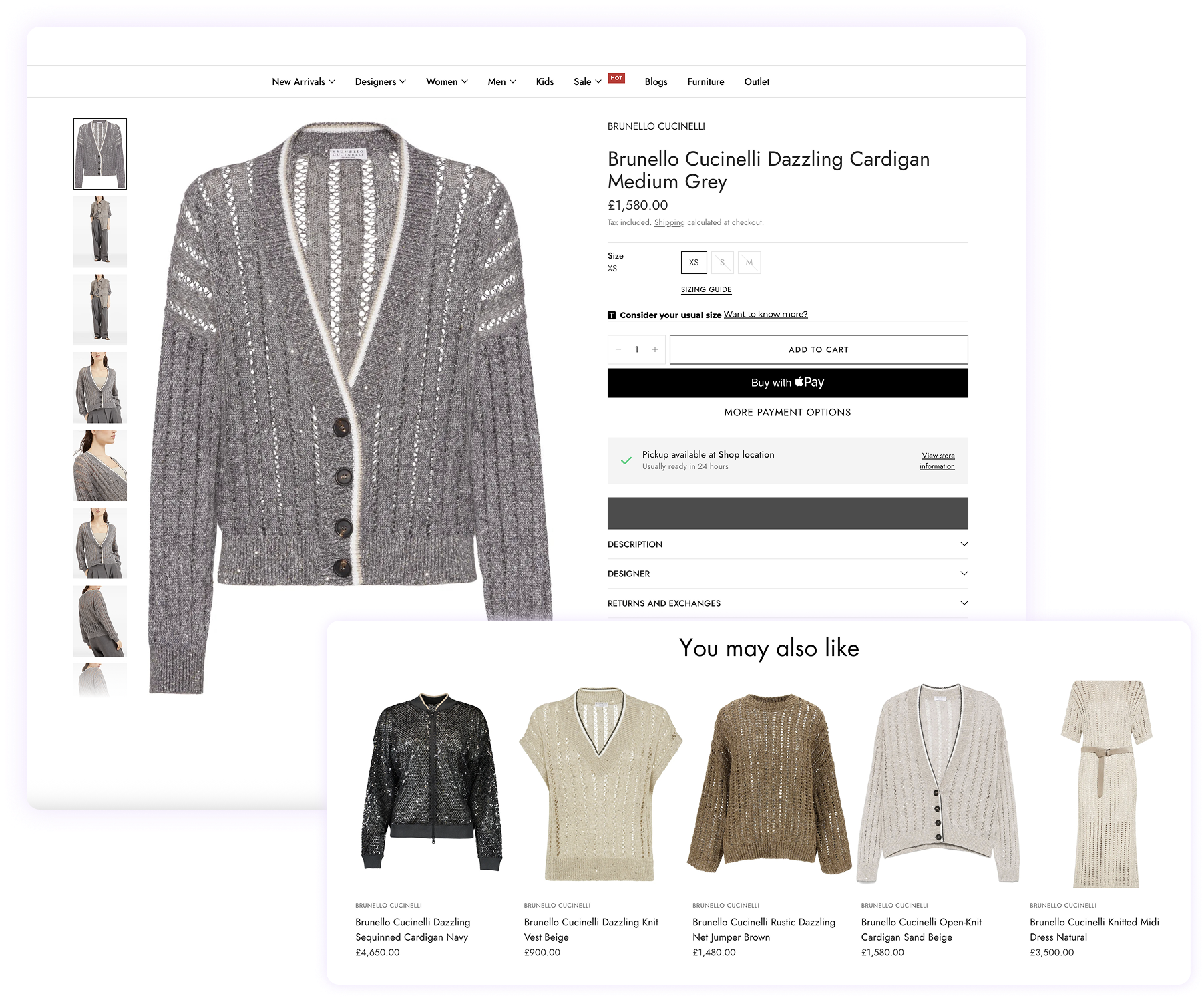 An online fashion retailer shows weak product recommendations on the product details page of a luxury cardigan. Instead of showing items to complete the look, the recommendation engine shows miscellaneous products from the same brand, including more cardigans and jumpers, none of which would work well with the item in the cart. By making this eCommerce mistake, the retailer significantly reduces the chances of the customer adding more products to their cart.