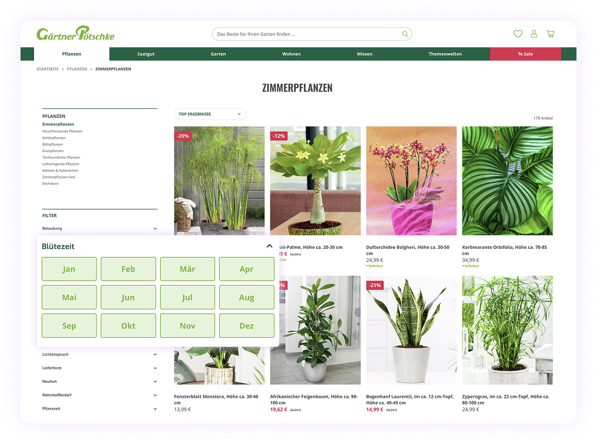 Gardener Poetschke's online shop features dynamic filters for their houseplants, including color, sun exposure and more. This helps customers easily narrow down their search, improving the user experience and increasing the likelihood of conversion.