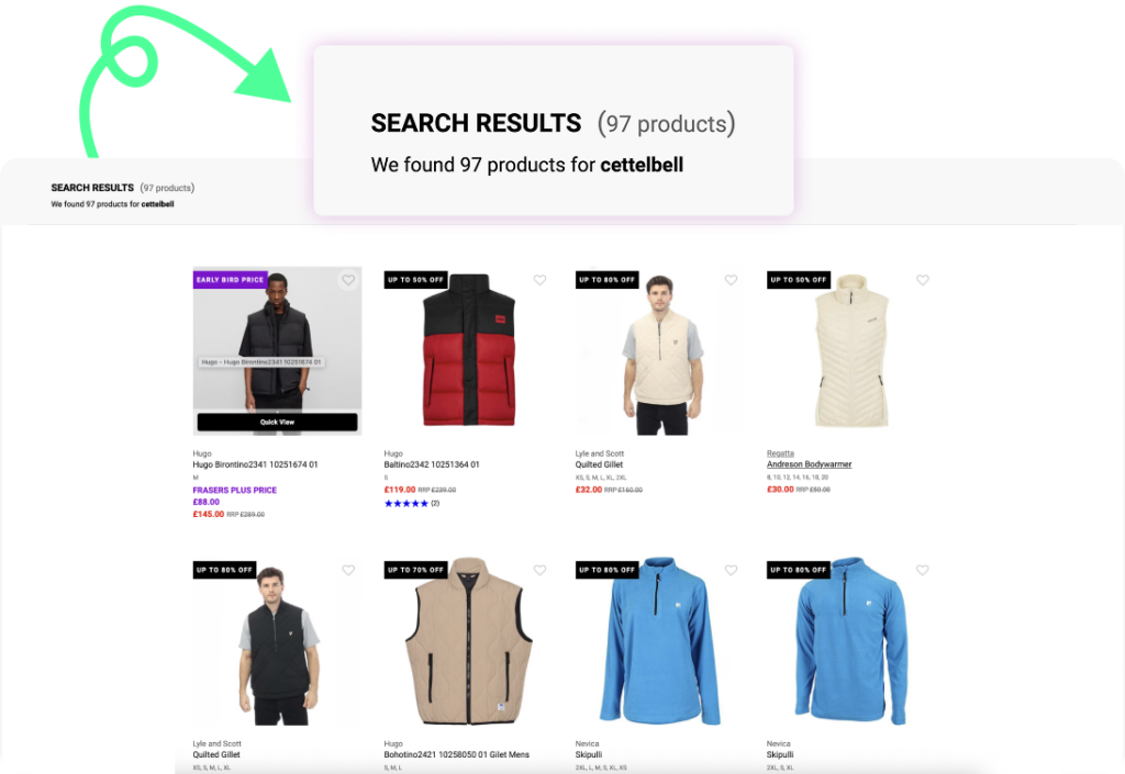 A popular sports equipment retailer provides irrelevant results for the spelling mistake "cettelbell". Instead of showing kettlebells, it shows gilets and other clothes. This is one of the most common eCommerce mistakes that hinders the shopping experience and hurts conversion rates.