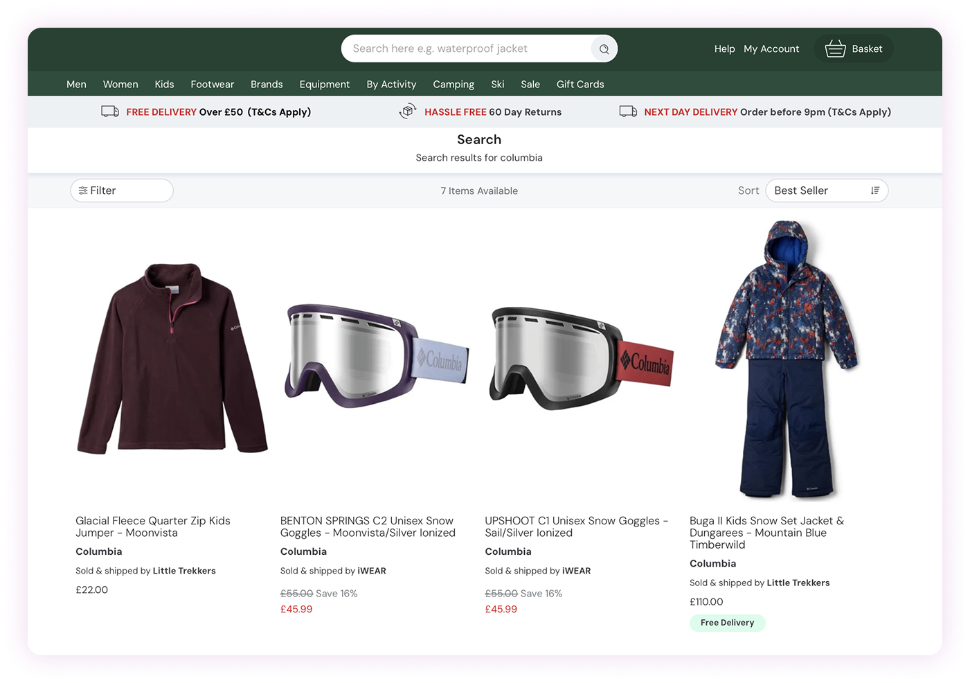 eCommerce mistake #6: A search for Columbia on this online shop returns a mishmash of related results with no branding or inspiring content, creating a boring online shopping experience that can often lead to bounces and low conversion rates.