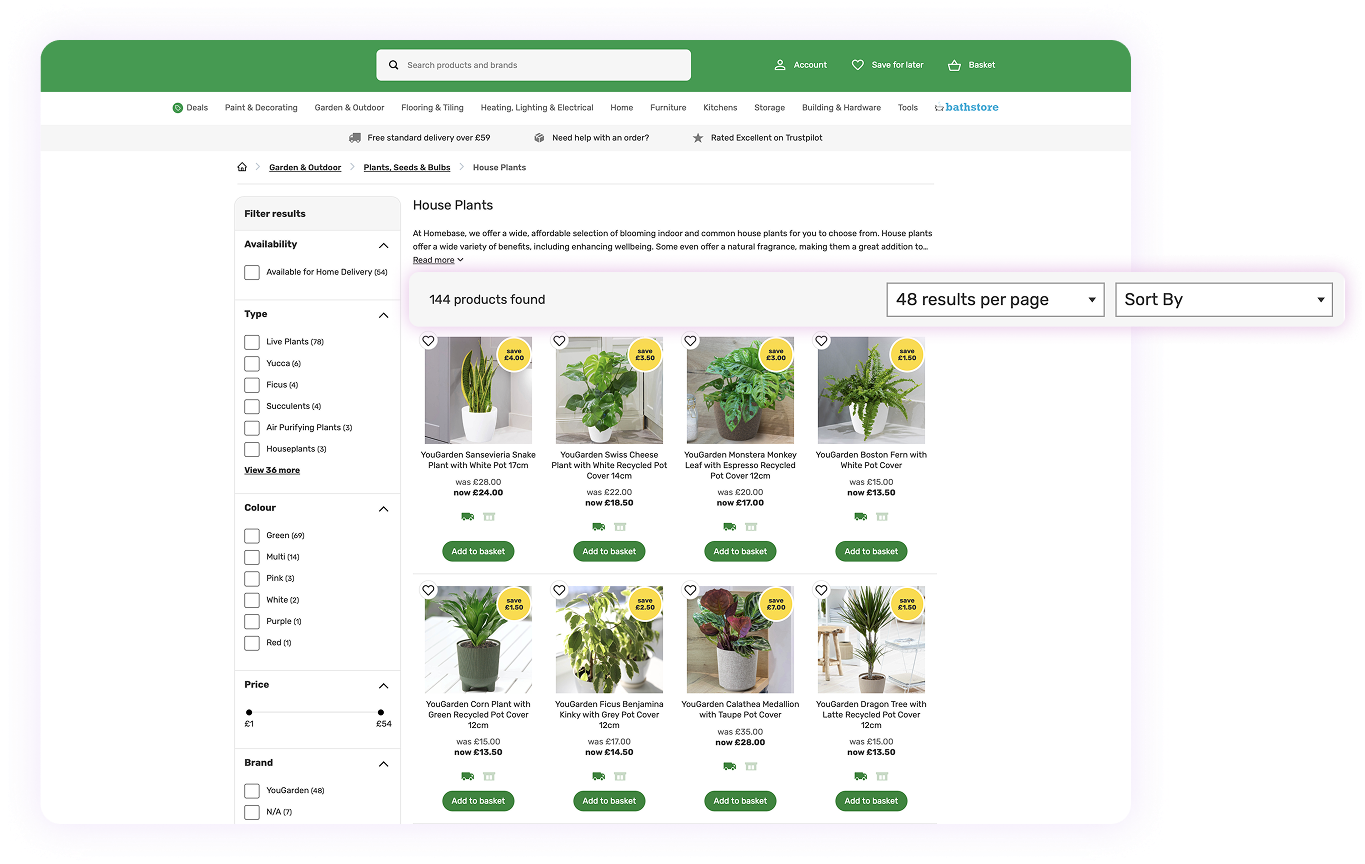 This online shop only features basic filters for it's houseplant category, making it difficult to narrow down results.