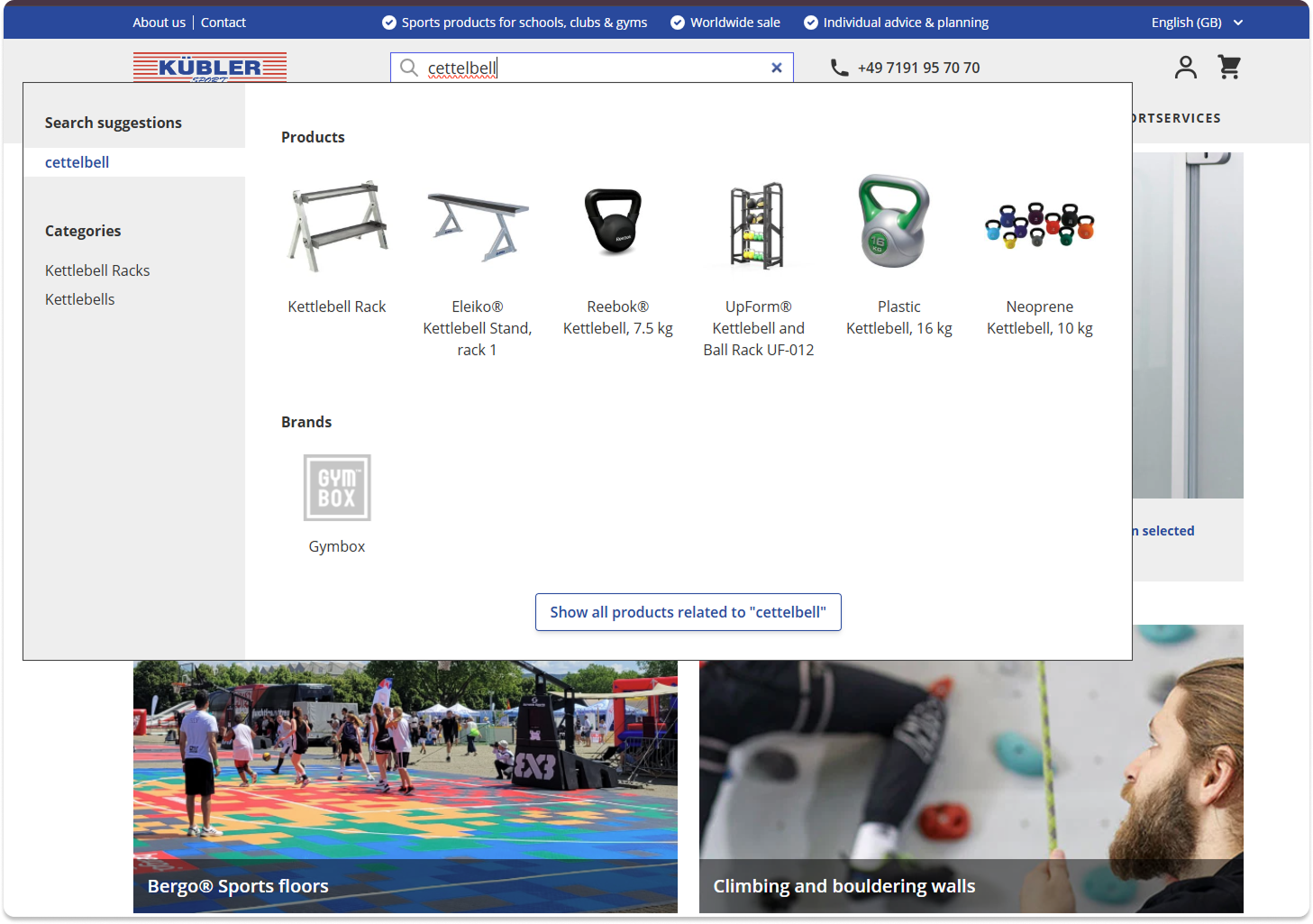 A product search for the misspelling"cettelbell" on Kubler Sport online shop returns relevant results for kettlebell, improving the online shopping experience and conversions