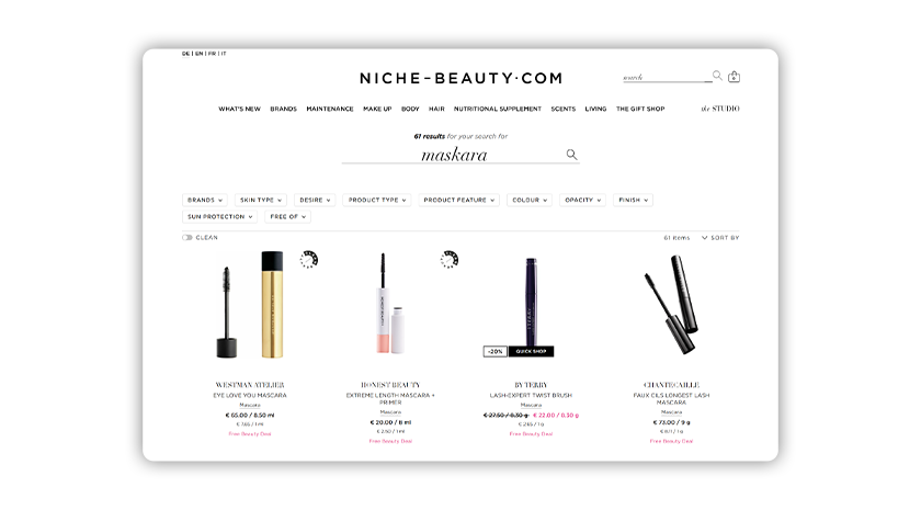 A search for a misspelled version of mascara yields 61 relevant product results thanks to error-tolerant technology. 