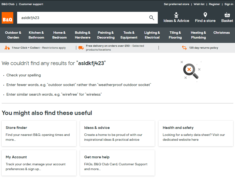 Screenshot of B&Q's online shop when zero results are found.