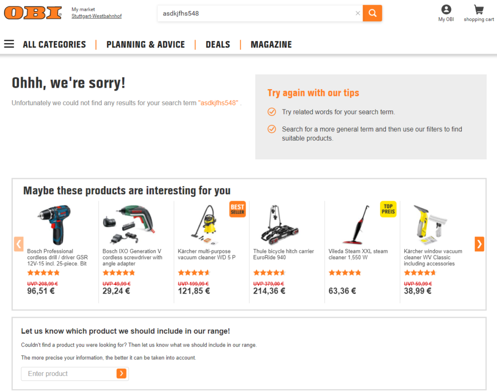 Screenshot of OBI's online shop when zero results are found.