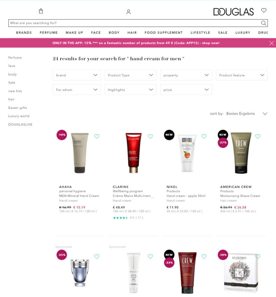 Relevant search results at Douglas when searching for "hand cream for men" in English in their German channel. 