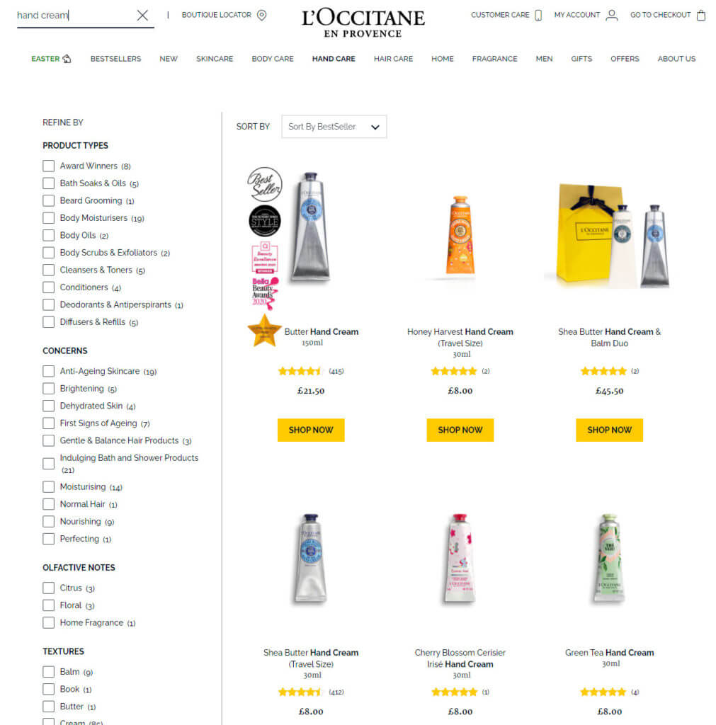 Search results for L'Occitane when searching for 'hand cream.'