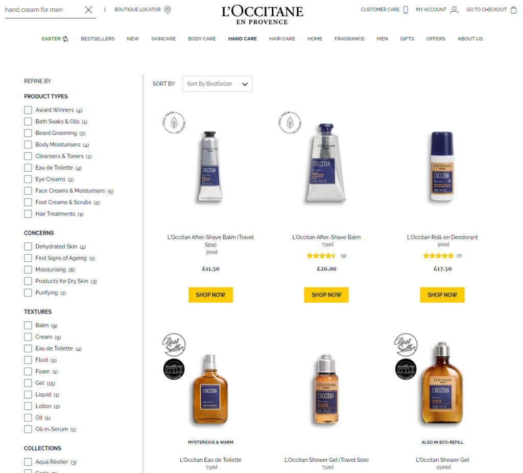 Irrelevant search results at L'Occitane when searching for "hand cream for men."