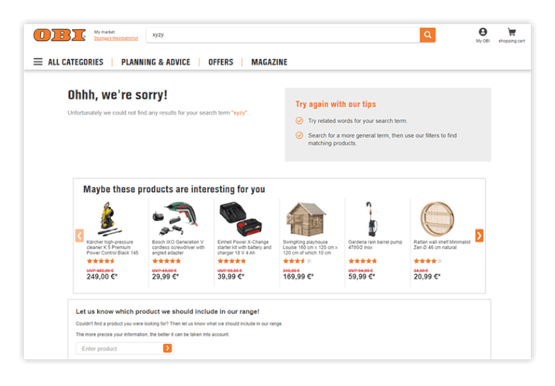 Online shop, OBI, recommends best seller products when no results are found