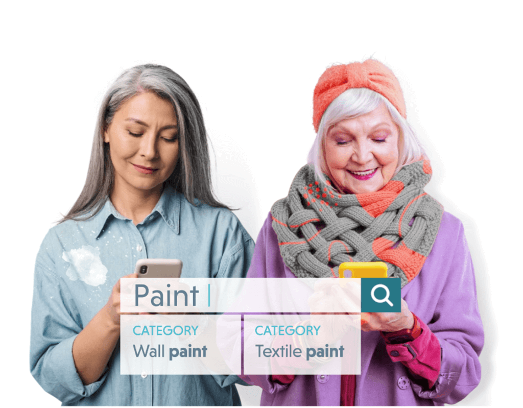 Two women separately using their smartphones to search online for "paint"