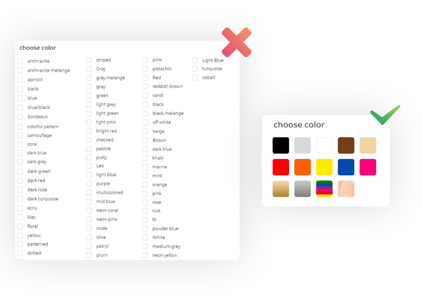 Example of good versus bad faceted search using colors.