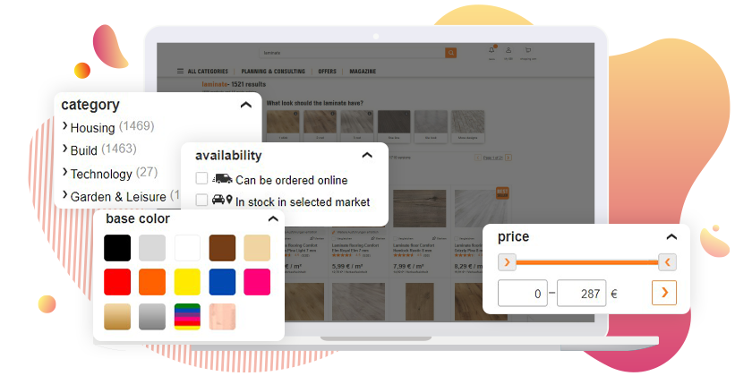 Website product filters examples: category, local availability, color, and price.
