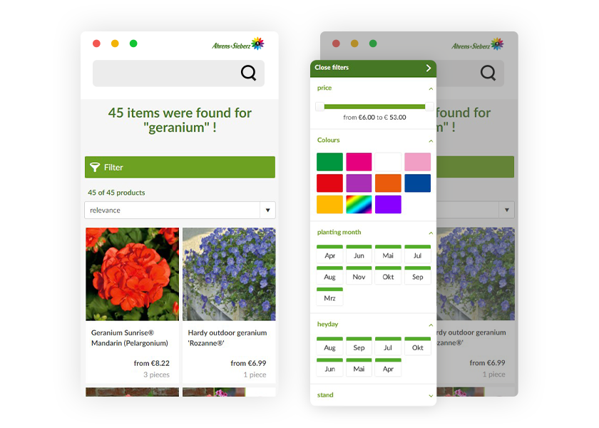 Search query for "geranium" in a mobile website.