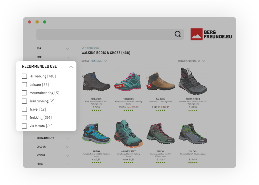 Example of good faceted search using thematic filters for boots.