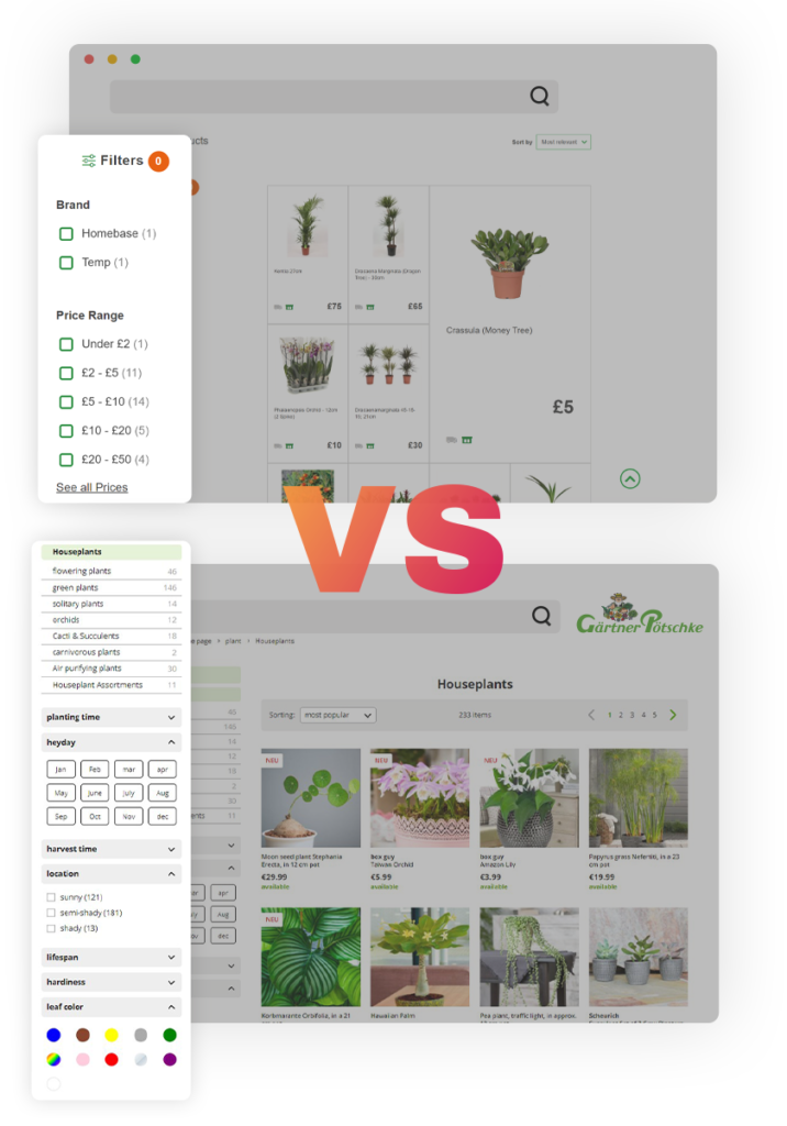 Example of good versus bad faceted search using filters for housplants.