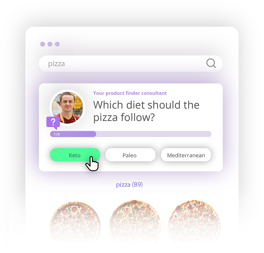 "Which diet should the pizza follow?" Keto, Paleo or Mediterranean. Visitors to an grocery eCommerce shop can find a pizza that meets their dietary needs.