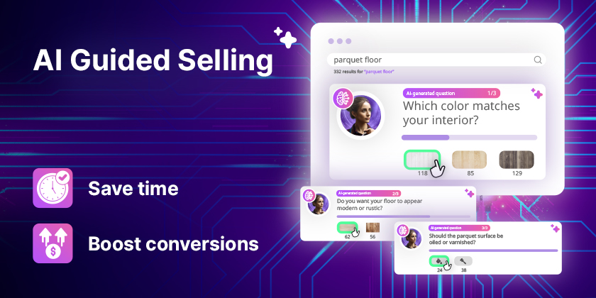 AI Guided Selling blog cover image with the header AI Guided Selling and a screenshot of the module at work, guiding online shoppers through product decisions