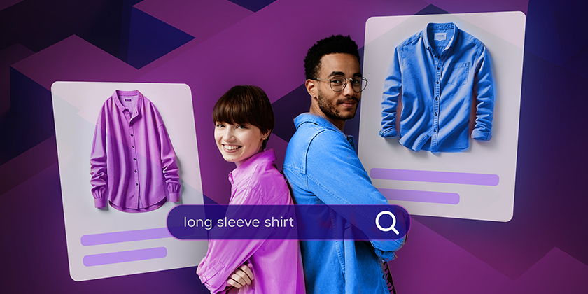 one to one personalization header showing a man and a woman searching for long sleeve shirt and getting personalized results (a purple shirt for the woman and a blue shirt for the man)
