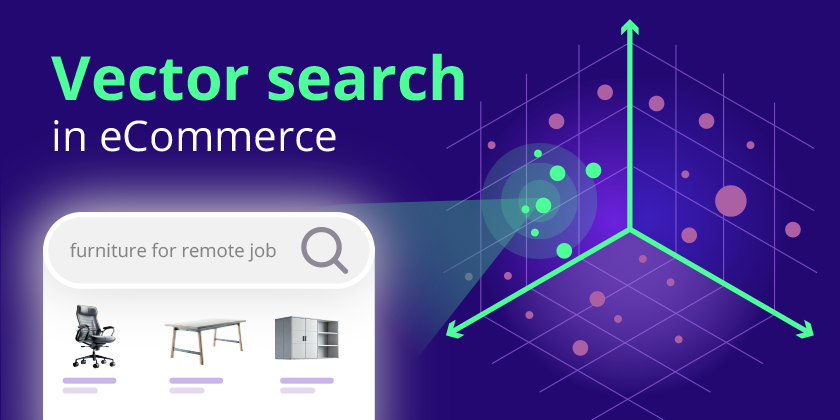 A visual representation of vector search in eCommerce, specifically the nearest neighbor search, comparing results in different levels of data, using an example of someone searching for furniture for remote work
