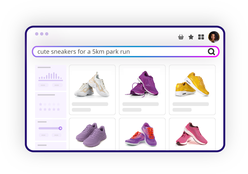 Vector search in action on a hypothetical sporting goods online shop. An example of eCommerce site search results for the natural language query "cute sneakers for 5km park run" - keyword search alone would return 0 results, but here, vector search understands the meaning and shows a range of colorful, stylish sneakers designed for running outdoors on cross-country terrain