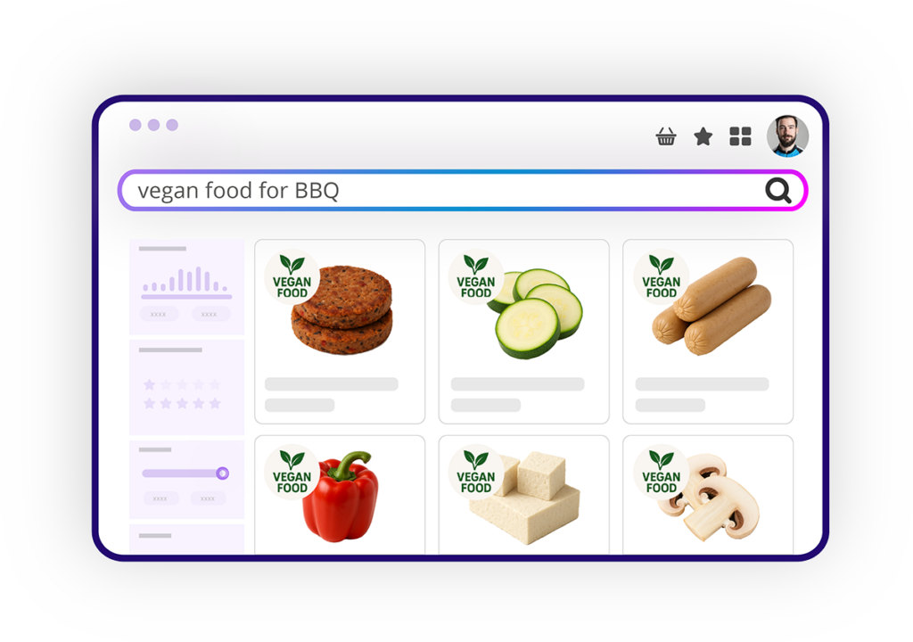 An example of a natural language eCommerce site search query used in food and beverage/grocery stores: “vegan food for BBQ” and relevant results, including tofu, peppers/capsicum, bean burgers, vegan sausages, zucchinis and mushrooms