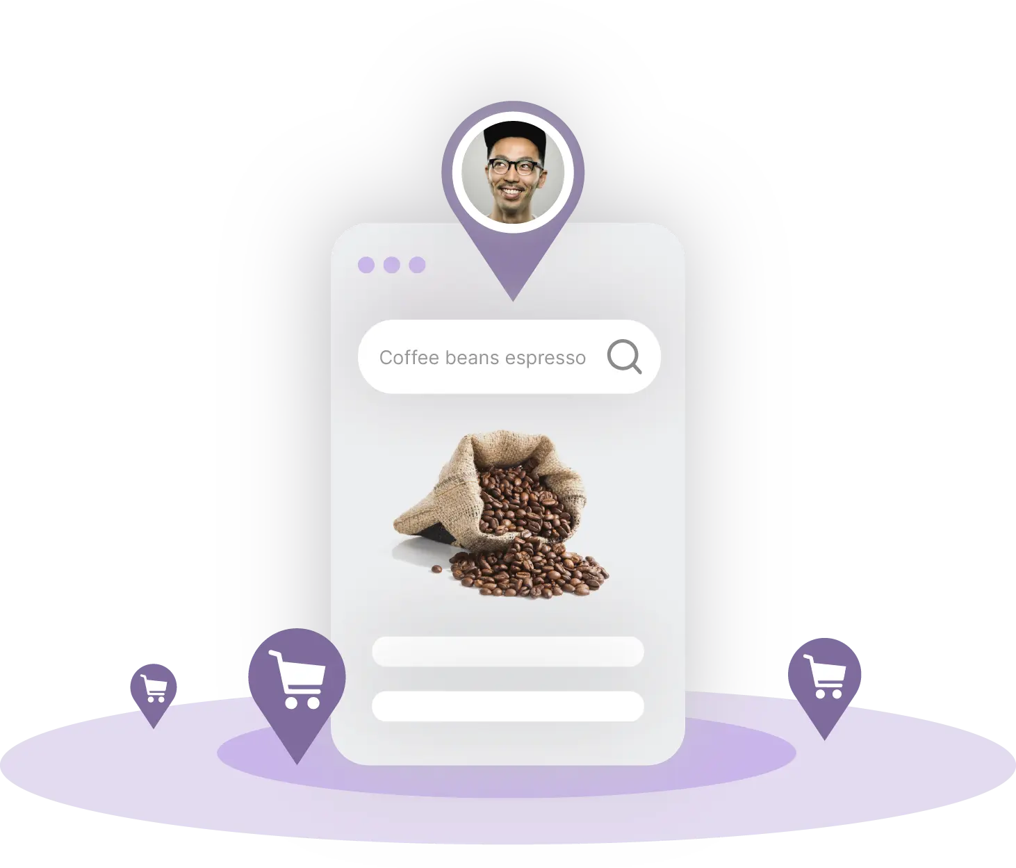 Benutzeroberfläche von FactFinder mit Suchleiste für Espressobohnen und Anzeige von Kaffeebohnen in einem Sack.