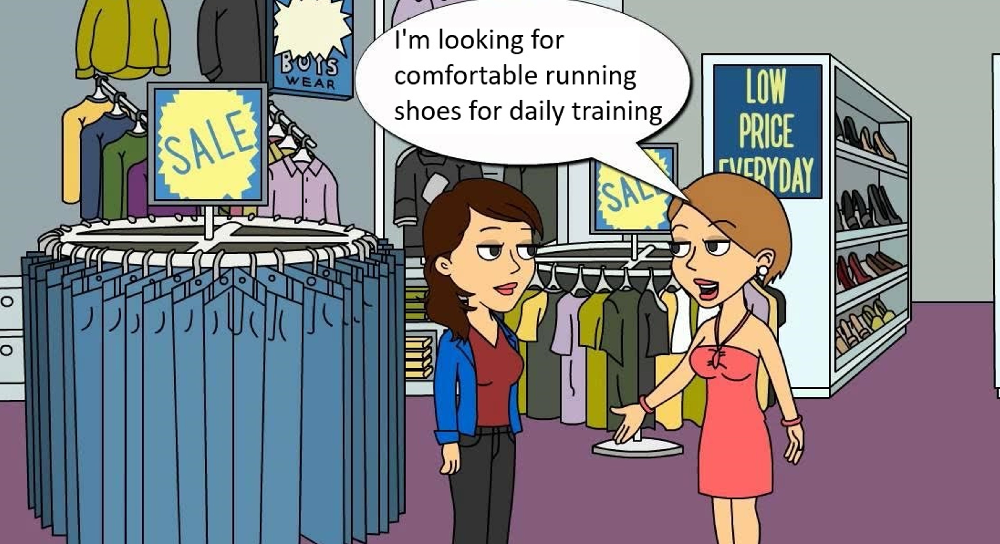 A cartoon of a customer using natural language to ask for assistance in a bricks and mortar store, highlighting the benefits of using natural language in eCommerce search queries. 